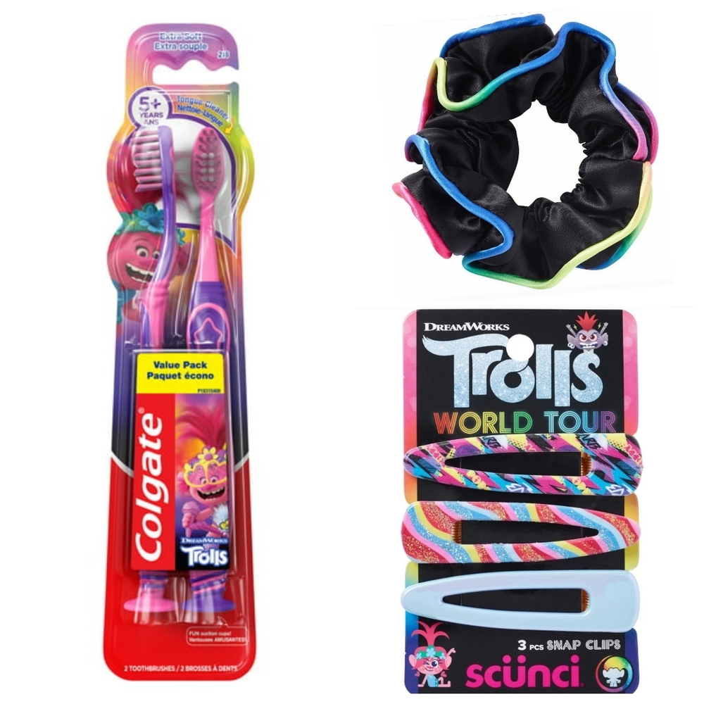 NEW Trolls set - Scrunchie, 3 hair clips, and 2 Colgate Troll toothbrushes